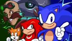 Size: 1280x720 | Tagged: safe, artist:mars gainsboro, knuckles the echidna, miles "tails" prower, robotnik, sonic the hedgehog, human, sonic the hedgehog 2 (2022), death egg, frown, group, official artwork, pixel art, smile, team sonic