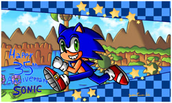 Size: 1000x600 | Tagged: safe, artist:goddessprincesslulu, sonic the hedgehog, hedgehog, anniversary, gloves, grin, looking at viewer, male, running, shoes, solo
