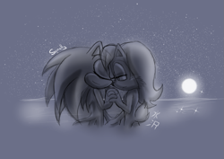 Size: 841x595 | Tagged: safe, artist:mizusawa-yuki, sally acorn, sonic the hedgehog, chipmunk, hedgehog, 2014, duo, eyes closed, female, holding hands, looking at them, male, moon, naked, nighttime, partially submerged, sally x sonic, shipping, sparkles, star (sky), straight, water, wet