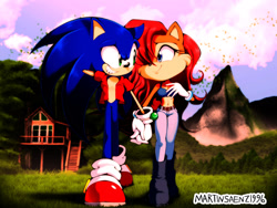 Size: 1600x1200 | Tagged: safe, artist:martinsaenz96, sally acorn, sonic the hedgehog, chipmunk, hedgehog, 2024, bra, building, clothes, daytime, duo, female, grass, holding hands, house, leaf, looking at each other, male, mountain, outdoors, pants, sally x sonic, shipping, shirt, smile, smiling at each other, straight, tree, underwear, walking