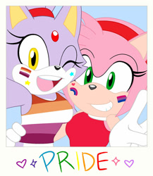 Size: 1280x1473 | Tagged: safe, artist:manic4ever-bases, artist:shieldlightningarts, amy rose, blaze the cat, 2026, amy x blaze, base used, bisexual, bisexual pride, duo, english text, face paint, holding each other, lesbian, lesbian pride, pride, pride month, selfie, shipping, smile, text