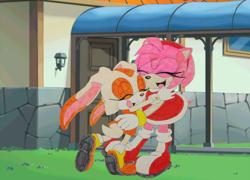 Size: 1032x742 | Tagged: safe, artist:recolouradventures, artist:shieldlightningarts, amy rose, cream the rabbit, sonic x, 2022, base used, duo, eyes closed, hugging, mouth open, open smile, screenshot background, smile, standing