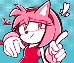 Size: 2048x1756 | Tagged: safe, artist:daereamart, amy rose, 2026, heart, leaning, lidded eyes, limited palette, piko piko hammer, pointing, redraw, signature, smile, solo