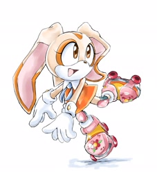 Size: 1863x2048 | Tagged: safe, artist:frogfroggs, cream the rabbit, 2026, looking offscreen, mouth open, rollerskates, simple background, skating, smile, solo, white background