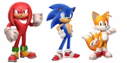 Size: 2048x1024 | Tagged: safe, artist:swagboi7_, editor:swagboi7 , knuckles the echidna, miles "tails" prower, sonic the hedgehog, 2026, 3d, edit, frown, looking at viewer, looking offscreen, simple background, smile, sonic dash, standing, team sonic, trio, white background
