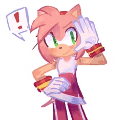 Size: 713x671 | Tagged: safe, artist:regrat1704, amy rose, 2026, exclamation mark, hand on hip, riders outfit, salute, simple background, smile, solo, speech bubble, standing, white background