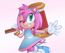 Size: 2048x1676 | Tagged: safe, artist:sonicpridecorner, amy rose, 2026, holding something, piko piko hammer, pride, pride month, smile, solo, standing, transmasc pride, transmasculine, wink