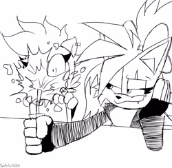 Size: 2048x1998 | Tagged: safe, artist:fartist2020, fiona fox, tangle the lemur, juice box, spraying