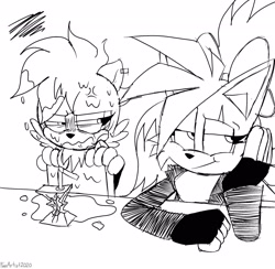 Size: 2048x1998 | Tagged: safe, artist:fartist2020, fiona fox, tangle the lemur, cross popping vein, juice box
