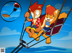 Size: 4614x3420 | Tagged: safe, artist:frostbitewhiteknight, elias acorn, sally acorn, chipmunk, 2024, barefoot, bikini, bucket, clothes, daytime, duo, female, glasses, happy, male, sarong, scared, shell, shirt, shorts, siblings, speedboat water, sweatdrop, swimsuit, vacation, vehicle