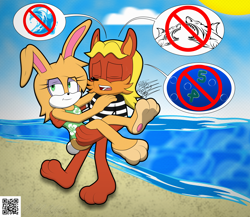 Size: 3958x3442 | Tagged: safe, artist:frostbitewhiteknight, antoine d'coolette, bunnie rabbot, coyote, rabbit, 2023, barefoot, beach, buntoine, carrying them, daytime, duo, eyes closed, female, male, not amused, shipping, speech bubble, straight, sun, swimsuit, talking, vacation, walking, water