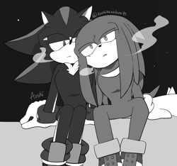 Size: 1530x1434 | Tagged: safe, artist:aoshibazakura95, knuckles the echidna, shadow the hedgehog, 2026, breath, duo, gay, greyscale, knuxadow, leaning on them, lidded eyes, looking at them, monochrome, shipping, sitting