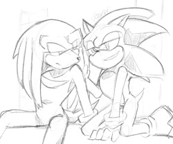 Size: 1200x1000 | Tagged: safe, artist:aoshibazakura95, knuckles the echidna, sonic the hedgehog, duo, gay, greyscale, grin, kneeling, knuxonic, lidded eyes, looking at each other, looking at them, monochrome, pencilwork, shipping, simple background, sitting, sketch, smile, traditional media, white background