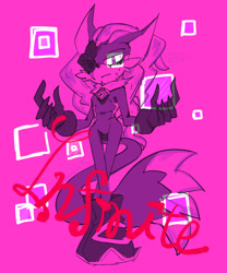 Size: 1000x1200 | Tagged: safe, artist:aoshibazakura95, infinite the jackal, sonic forces, 2025, character name, looking at viewer, monochrome, one eye closed, pink background, simple background, solo, standing