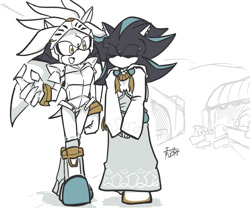 Size: 1200x1000 | Tagged: safe, artist:aoshibazakura95, mephiles the dark, silver the hedgehog, comic:tenebrae, sonic and the black knight, 2025, alternate outfit, armor, dress, duo, earring, lidded eyes, looking at them, mouth open, simple background, sir galahad, smile, standing, walking, white background