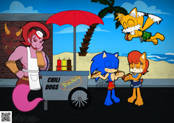 Size: 4855x3438 | Tagged: safe, artist:frostbitewhiteknight, miles "tails" prower, sally acorn, sonic the hedgehog, chipmunk, fox, hedgehog, 2024, barefoot, beach, bikini, chili dog, daytime, djinn, eating, english text, erazor djinn, female, floating, food, food cart, graffiti, holding something, hot dog, hot dog cart, looking at them, male, mid-air, palm tree, quartet, sarong, spinning tails, street, swimming trunks, swimsuit, tree, umbrella, vacation, wall