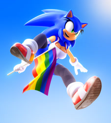Size: 1824x2016 | Tagged: safe, artist:3d-eve, sonic the hedgehog, 2026, 3d, daytime, flag, gay pride, holding something, looking offscreen, mid-air, outdoors, posing, pride, pride flag, pride month, smile, solo, trans female, trans girl sonic, transgender, treads