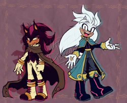 Size: 2207x1799 | Tagged: safe, artist:utter_dismae, shadow the hedgehog, silver the hedgehog, 2026, boots, cape, clothes, duo, frown, fully clothed, lidded eyes, looking at viewer, redesign, scar, signature, smile, standing, torn cape