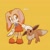 Size: 1068x1068 | Tagged: safe, artist:applezz_4, cream the rabbit, rabbit, 2026, crossover, dress, duo, eevee, one eye closed, petting, pokemon, signature, simple background, smile, standing, yellow background