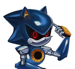 Size: 755x697 | Tagged: safe, artist:sirorbles, metal sonic, 2026, black sclera, lineless, looking at viewer, pointing, robot, simple background, solo, white background