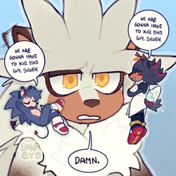 Size: 1500x1500 | Tagged: safe, artist:lunrsys, shadow the hedgehog, silver the hedgehog, sonic the hedgehog, 2026, angel wings, blue background, damn, devil horns, devil tail, devil wings, dialogue, english text, frown, fur markings, halo, i think we're gonna have to kill this guy, meme, simple background, small, speech bubble, talking, top surgery scars, trans boy sonic, trans male, transgender, trio
