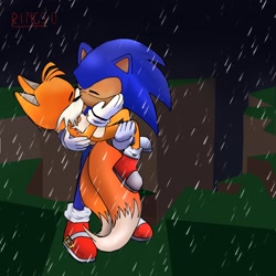 Size: 2048x2048 | Tagged: safe, artist:fiomintend, miles "tails" prower, sonic the hedgehog, 2026, abstract background, age difference, carrying them, duo, eggman hates furries, eyes closed, gay, grass, holding each other, hole, kiss, nighttime, outdoors, rain, redraw, shipping, signature, sonic x tails, standing
