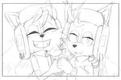 Size: 1201x798 | Tagged: safe, artist:mwlss_, miles "tails" prower, nine, sonic prime, 2026, border, coat, duo, eyes closed, hat, holding hands, jacket, line art, looking at viewer, monochrome, self paradox, simple background, sketch, smile, ushanka hat, white background