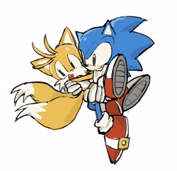 Size: 2048x1976 | Tagged: safe, artist:qqqufzr, miles "tails" prower, sonic the hedgehog, 2026, carrying them, classic sonic, classic tails, cute, duo, holding each other, looking offscreen, one fang, simple background, smile, sonabetes, tailabetes, treads, white background