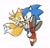 Size: 2048x1976 | Tagged: safe, artist:qqqufzr, miles "tails" prower, sonic the hedgehog, fox, hedgehog, 2026, carrying them, classic sonic, classic tails, cute, duo, holding each other, looking offscreen, one fang, simple background, smile, sonabetes, tailabetes, treads, white background