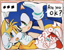 Size: 1605x1274 | Tagged: safe, artist:pupu77859245726, miles "tails" prower, sonic the hedgehog, ..., 2026, age difference, blushing, box, dialogue, duo, english text, exclamation mark, gay, inside a box, japanese text, meme, question mark, shipping, sonic x tails, speech bubble, text