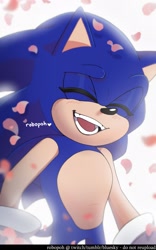 Size: 1278x2048 | Tagged: safe, artist:robopohttv, sonic the hedgehog, 2026, cute, eyes closed, happy, heart, male, mouth open, petal, petals, signature, simple background, smile, solo, sonabetes, white background
