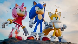 Size: 2048x1152 | Tagged: safe, artist:beastieprojects, artist:tbsf-yt, amy rose, miles "tails" prower, sonic the hedgehog, bird, 2026, 3d, blue shoes, clouds, daytime, female, literal animal, looking offscreen, male, outdoors, seagull, smile, standing, trio