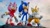 Size: 2048x1152 | Tagged: safe, artist:beastieprojects, artist:tbsf-yt, amy rose, miles "tails" prower, sonic the hedgehog, bird, fox, hedgehog, 2026, 3d, blue shoes, clouds, daytime, female, literal animal, looking offscreen, male, outdoors, seagull, smile, standing, trio
