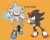 Size: 2048x1658 | Tagged: safe, artist:zan0tix, shadow the hedgehog, silver the hedgehog, 2023, dark skin, duo, duo male, eyelashes, fighting pose, flat colors, frown, japanese text, male, posing, psychokinesis, simple background, text, yellow background