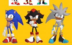 Size: 1314x826 | Tagged: safe, artist:zan0tix, shadow the hedgehog, silver the hedgehog, sonic the hedgehog, hedgehog, 2022, arms folded, dark skin, eyelashes, eyestrain, faux 3d, hand on hip, lineless, looking at viewer, male, posing, redraw, reference inset, simple background, smile, trio, trio male, yellow background