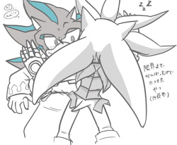 Size: 1141x942 | Tagged: safe, artist:aoshibazakura95, comic:tenebrae, sonic and the black knight, 2025, armor, duo, greyscale, japanese text, looking at them, lying down, monochrome, simple background, sir galahad, sleeping, sweat, thought bubble, white background, zzz