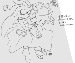 Size: 1200x1000 | Tagged: safe, artist:aoshibazakura95, mephiles the dark, comic:tenebrae, 2025, blanket, duo, eyes closed, from above, gay, grey background, greyscale, japanese text, lying down, lying on side, mephiles x silver, monochrome, shipping, simple background, sketch, sleeping