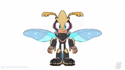 Size: 1920x1080 | Tagged: safe, artist:twincubcakes, gemerl, beetle, 2026, looking at viewer, male, mobianified, redesign, simple background, smile, solo, standing, watermark, white background, wings
