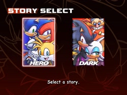 Size: 2048x1536 | Tagged: safe, artist:eriquack_, e-123 omega, knuckles the echidna, miles "tails" prower, robotnik, rouge the bat, shadow the hedgehog, sonic the hedgehog, human, sonic adventure 2, 2026, echo background, english text, fake screenshot, frown, group, looking at viewer, redraw, smile, team dark, team sonic, text