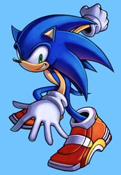 Size: 1424x2047 | Tagged: safe, artist:eriquack_, sonic the hedgehog, sonic adventure 2, 2026, alternate version, blue background, looking at viewer, redraw, simple background, smile, soap shoes, solo