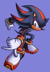 Size: 1425x2048 | Tagged: safe, artist:eriquack_, shadow the hedgehog, sonic adventure 2, 2026, alternate version, frown, looking at viewer, purple background, redraw, simple background, solo