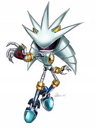 Size: 1540x2047 | Tagged: safe, artist:haako_060, silver the hedgehog, 2026, black sclera, glowing eyes, metal silver, reaching out, robot, roboticized, simple background, solo, white background
