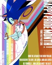 Size: 1638x2048 | Tagged: safe, artist:trizziefrizzie, sonic the hedgehog, 2026, cape, english text, gay pride, looking at viewer, positivity, pride, pride flag, pride month, progress pride, ring, shine, signature, smile, solo, text