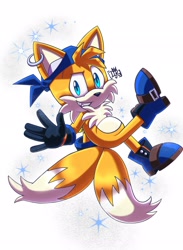 Size: 1497x2048 | Tagged: safe, artist:djraccoon4, miles "tails" prower, fox, 2026, alternate outfit, blue gloves, blue shoes, boots, ear piercing, earring, headscarf, looking at viewer, male, mid-air, pirate outfit, signature, simple background, smile, solo, sparkles, white background
