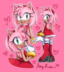 Size: 1836x2048 | Tagged: safe, artist:bingusbnuy, amy rose, hedgehog, 2026, blushing, character name, english text, female, heart, looking at viewer, looking back, looking back at viewer, outline, pink background, simple background, smile, solo, standing, text, tongue out, wink