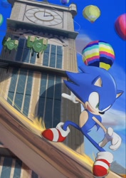 Size: 1449x2048 | Tagged: safe, artist:millet_hungry, sonic the hedgehog, hedgehog, 2026, air balloon, badnik, building, clock, clouds, daytime, male, mouth open, outdoors, rail grinding, railing, robot, rooftop run, smile, solo focus, tower, trio
