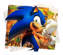 Size: 2048x1774 | Tagged: safe, artist:thatbirdguy_, sonic the hedgehog, hedgehog, green hill zone, 2026, looking at viewer, male, mouth open, outline, smile, solo, stretching
