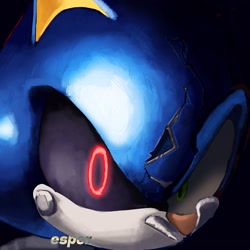 Size: 2048x2048 | Tagged: safe, artist:artbyesper, metal sonic, sonic the hedgehog, 2026, 35 days sonic, black background, crack, duo, glowing eyes, head only, lineless, robot, signature, simple background, two sides