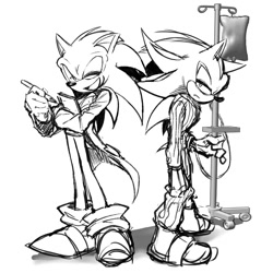 Size: 1159x1159 | Tagged: safe, artist:zzaaf7b_chaos, shadow the hedgehog, sonic the hedgehog, 2026, clothes, doctor, drip stand, duo, frown, holding something, lidded eyes, line art, looking at viewer, monochrome, mouth open, notepad, pencil, simple background, sketch, smile, white background, wink