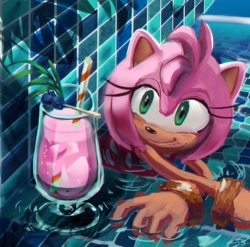 Size: 1740x1720 | Tagged: safe, artist:lemonade-pop, amy rose, hedgehog, 2026, berry, blueberry, drink, female, food, fruit, lineless, looking at something, pool, smile, smoothie, solo, straw, swimming, swimsuit, water
